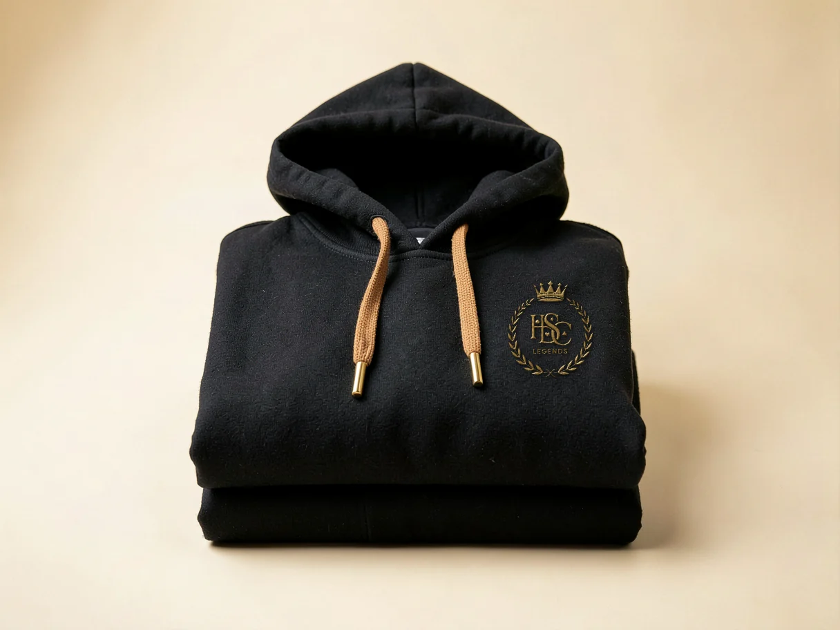 Folded black Legends hoodie with camel drawstrings and a gold embroidered crest