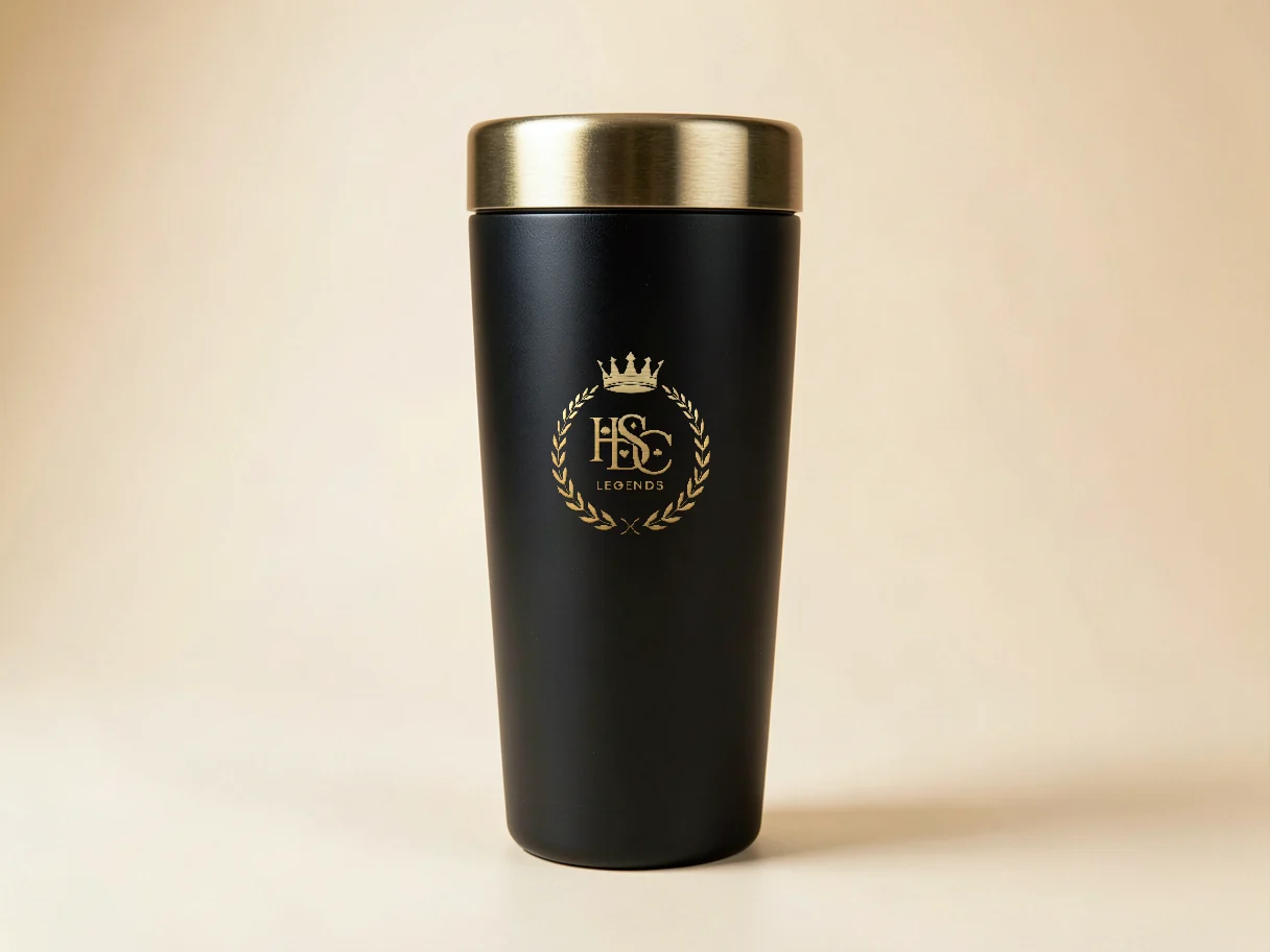Matte black travel mug with a brushed gold lid and the gold HSDC Legends crest