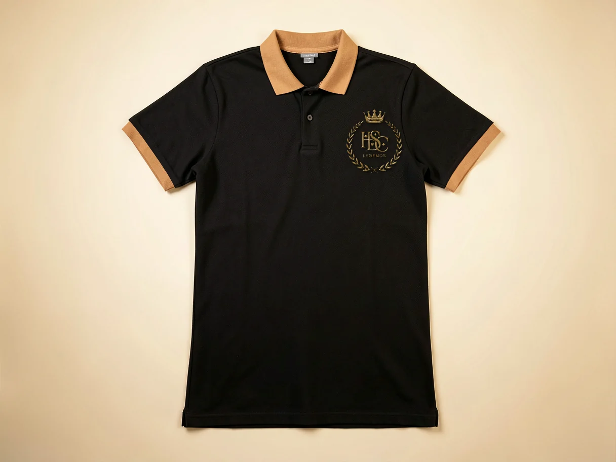 Black Legends polo shirt with camel collar tipping laid flat