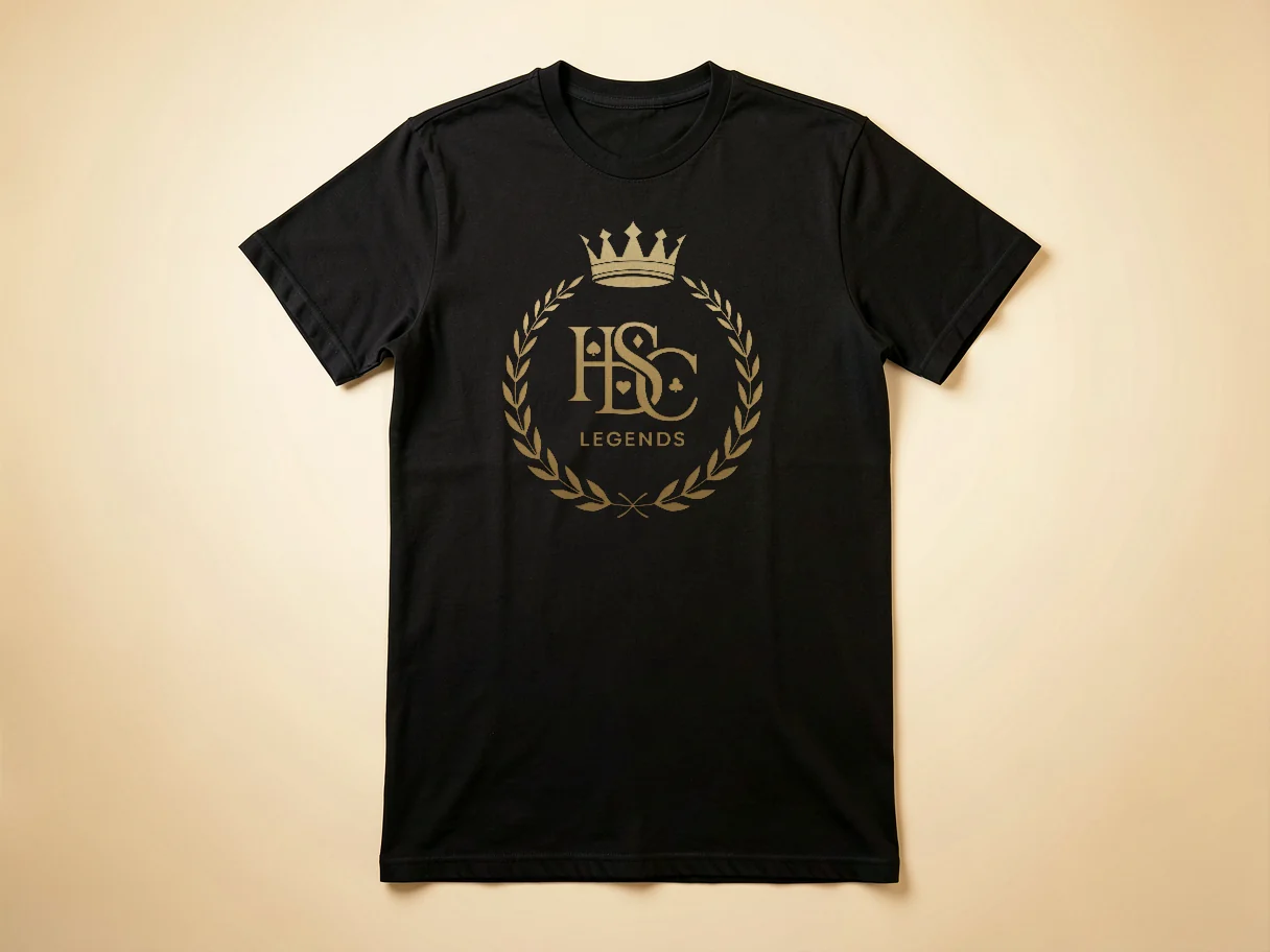 Black t-shirt with the HSDC Legends crest printed in gold across the chest